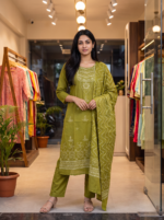 Olive Green 3-Piece Kurta Palazzo Set - Image 3