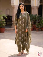 Olive Green Printed 3-Piece Kurta Pant Set with Dupatta - Image 5
