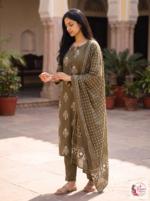 Olive Green Printed 3-Piece Kurta Pant Set with Dupatta - Image 2