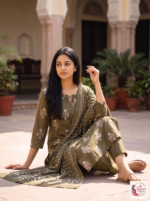 Olive Green Printed 3-Piece Kurta Pant Set with Dupatta - Image 4
