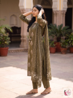 Olive Green Printed 3-Piece Kurta Pant Set with Dupatta - Image 3