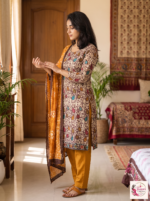 Multicolour Printed 3-Piece Kurta Pant Set with Mustard Dupatta