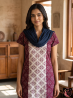 Maroon & Cream Printed Kurta with Navy Blue Dupatta - Image 4