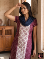 Maroon & Cream Printed Kurta with Navy Blue Dupatta