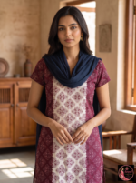 Maroon & Cream Printed Kurta with Navy Blue Dupatta - Image 2