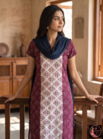 Maroon & Cream Printed Kurta with Navy Blue Dupatta - Image 3