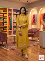 Mustard Yellow Embroidered 3-Piece Kurta Pant Set with Dupatta - Image 3