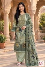 Sage Green Floral Printed 3-Piece Kurta Pant Set with Dupatta