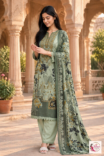 Sage Green Floral Printed 3-Piece Kurta Pant Set with Dupatta - Image 4