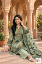 Sage Green Floral Printed 3-Piece Kurta Pant Set with Dupatta - Image 2