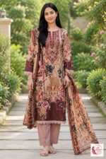 Peach & Brown Floral Printed 3-Piece Kurta Pant Set with Dupatta