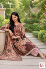 Peach & Brown Floral Printed 3-Piece Kurta Pant Set with Dupatta - Image 4