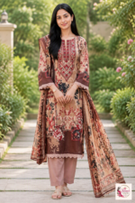 Peach & Brown Floral Printed 3-Piece Kurta Pant Set with Dupatta - Image 2