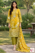 Mustard Yellow Floral Printed 3-Piece Kurta Pant Set with Dupatta - Image 3