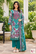 Turquoise & Pink Floral Printed 3-Piece Kurta Pant Set with Dupatta - Image 3
