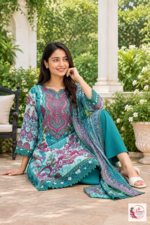 Turquoise & Pink Floral Printed 3-Piece Kurta Pant Set with Dupatta - Image 4