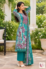 Turquoise & Pink Floral Printed 3-Piece Kurta Pant Set with Dupatta