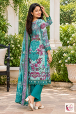 Turquoise & Pink Floral Printed 3-Piece Kurta Pant Set with Dupatta - Image 2